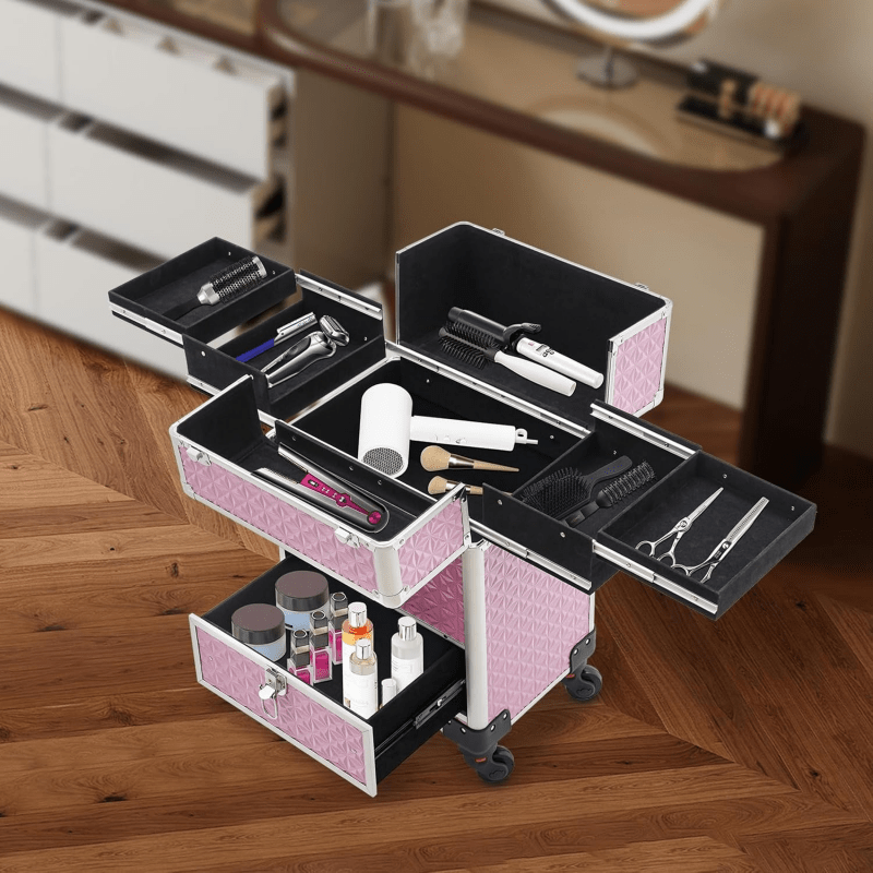 1pc Rolling Oversized Makeup Case with 4 Built-In Trays And a Handle for Easy Movement. It Is an Exclusive Wheeled Storage Tool for Nail Technicians, Artists, Beauticians, And Stylists